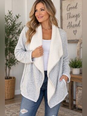 Sonoma Light Gray and Cream Open-Front Sherpa Cardigan